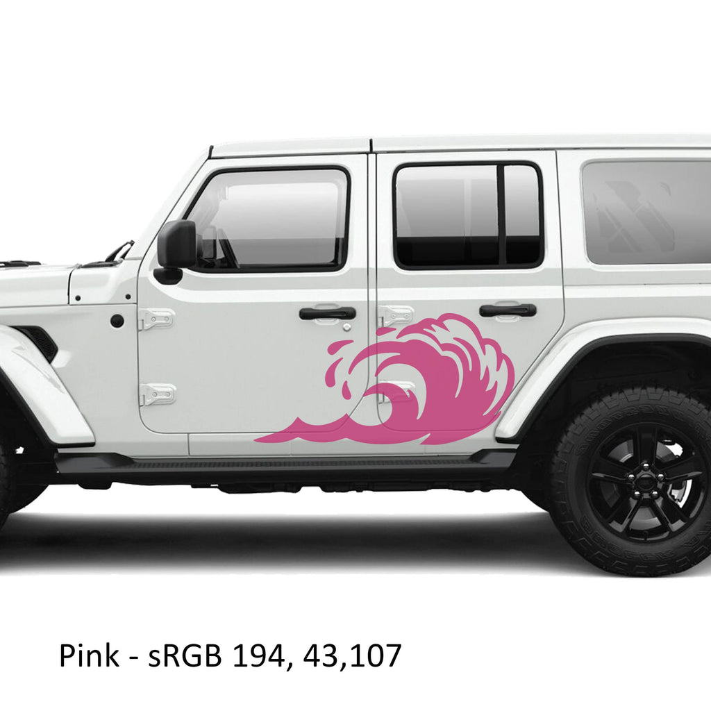 Pink tidal wave panel vinyl graphic kit installed on the rear door of a white Jeep Wrangler JLU four door