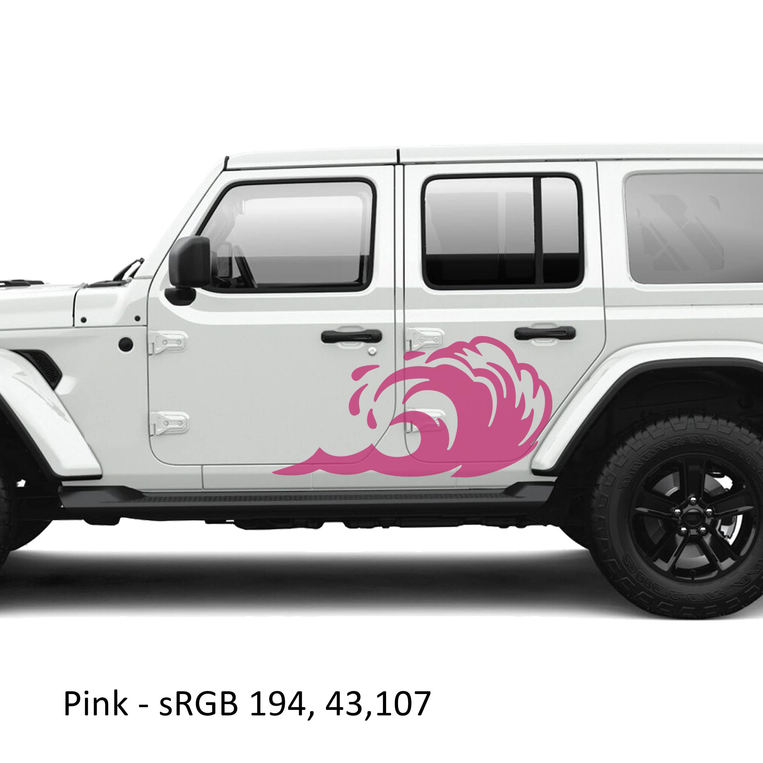 Pink tidal wave panel vinyl graphic kit installed on the rear door of a white Jeep Wrangler JLU four door