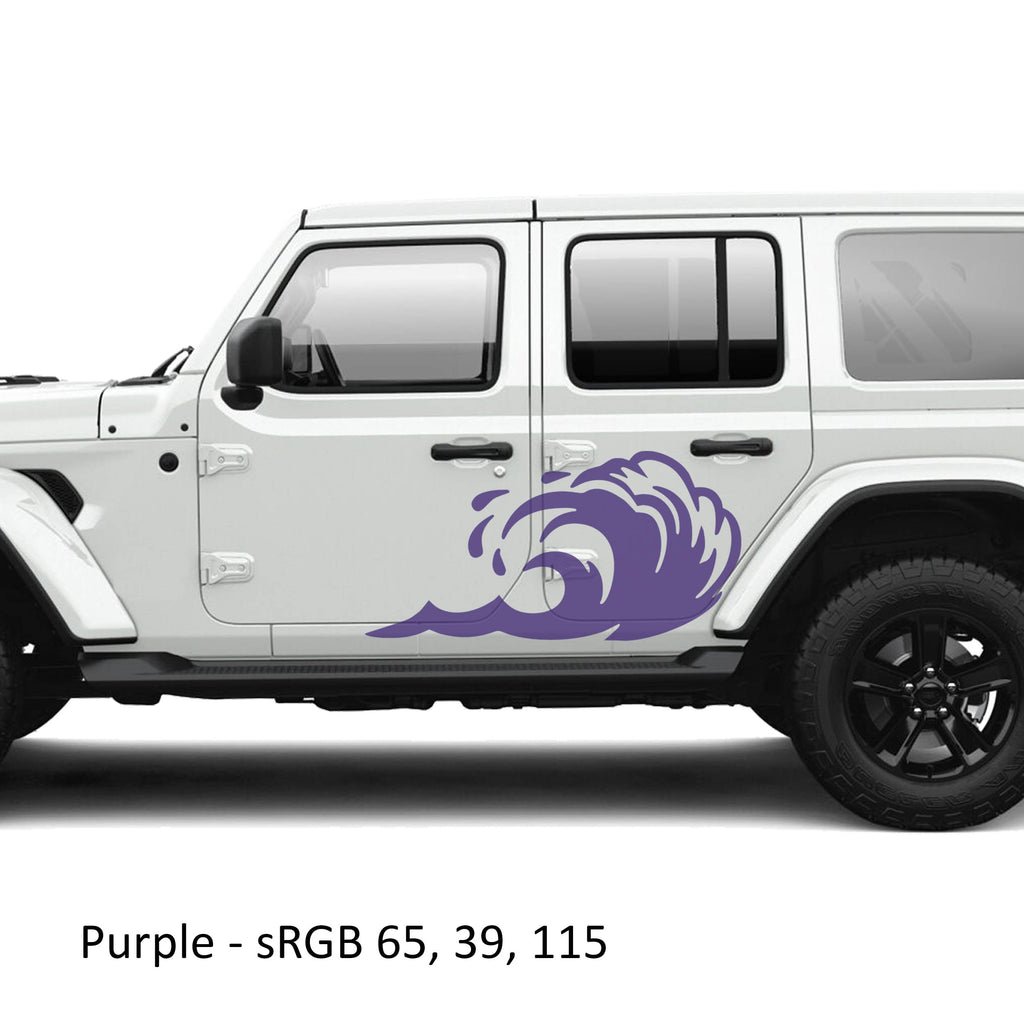 Purple tidal wave panel vinyl graphic kit installed on the rear door of a white Jeep Wrangler JLU four door