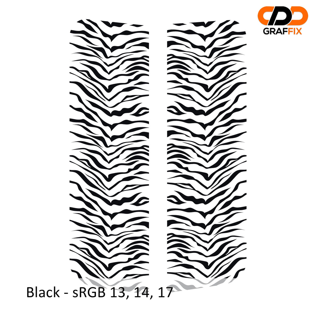 Black tiger print pattern side window vinyl decal pair close-up product view on white background