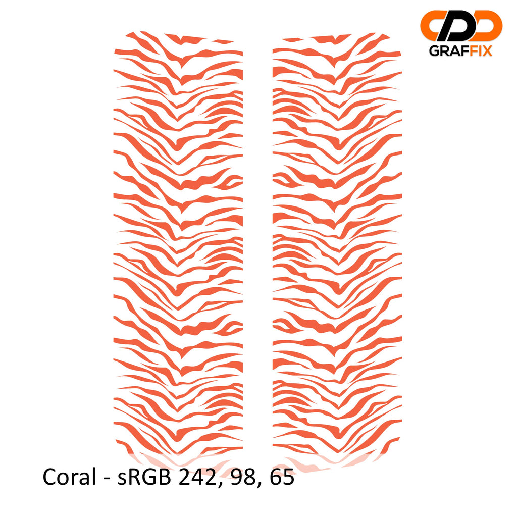 Coral tiger print pattern side window vinyl decal pair close-up product view on white background
