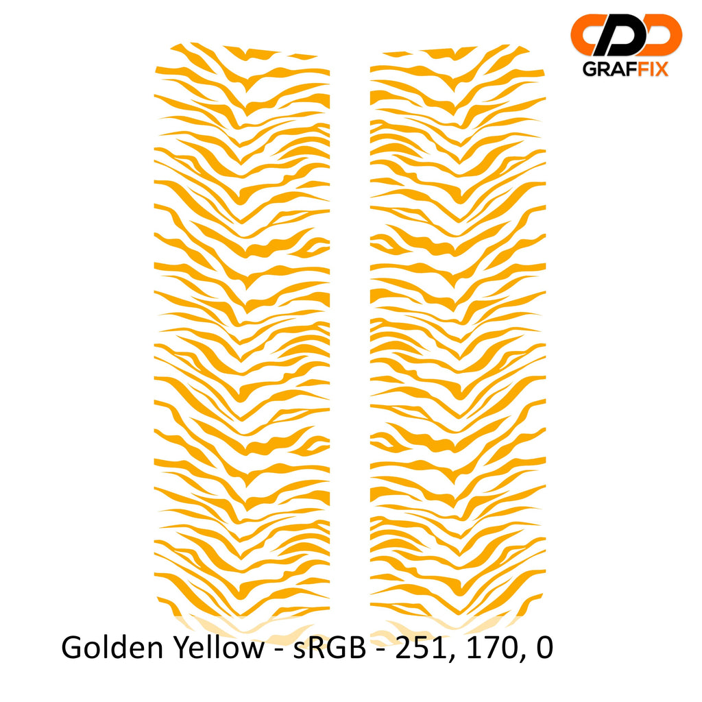 Golden yellow tiger print pattern side window vinyl decal pair close-up product view on white background