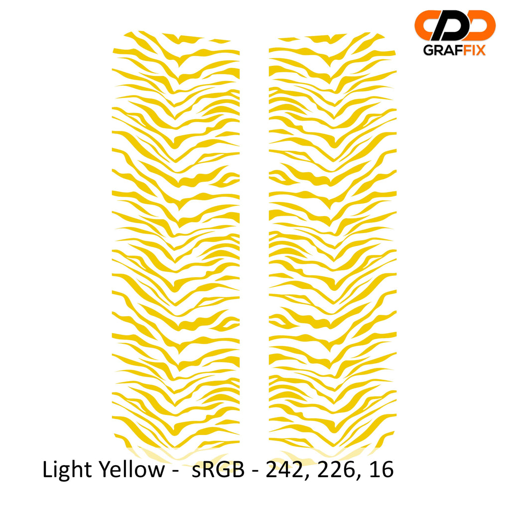 Light yellow tiger print pattern side window vinyl decal pair close-up product view on white background
