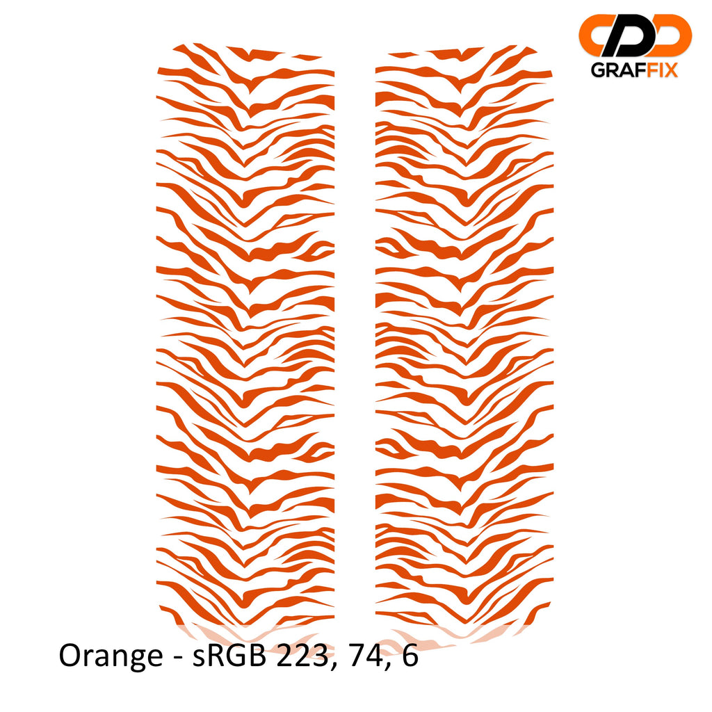 Orange tiger print pattern side window vinyl decal pair close-up product view on white background