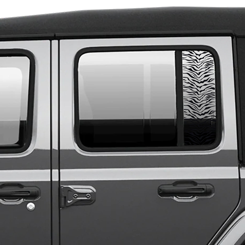 Black tiger print pattern side window decal pair shown on dark Jeep Wrangler JL rear door window