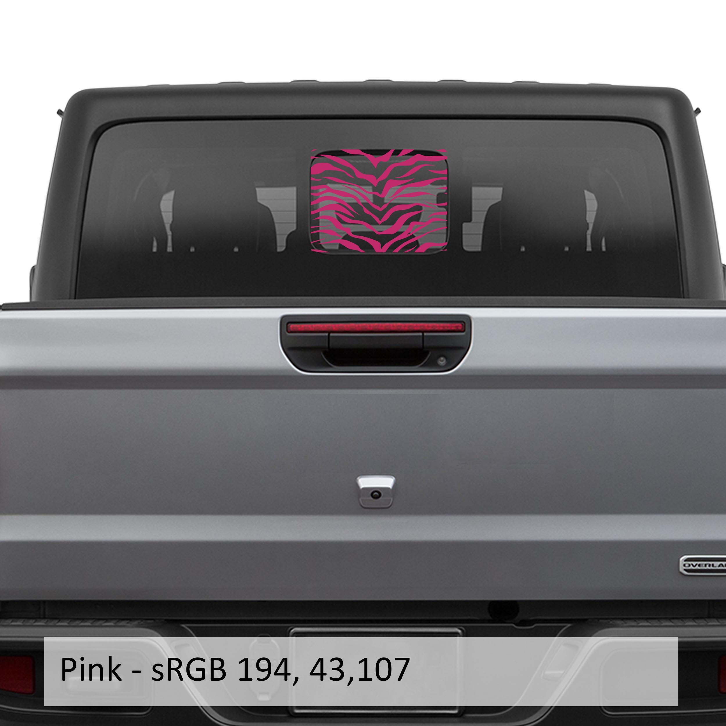 Pink tiger print flag rear sliding window vinyl decal close-up product view on white background