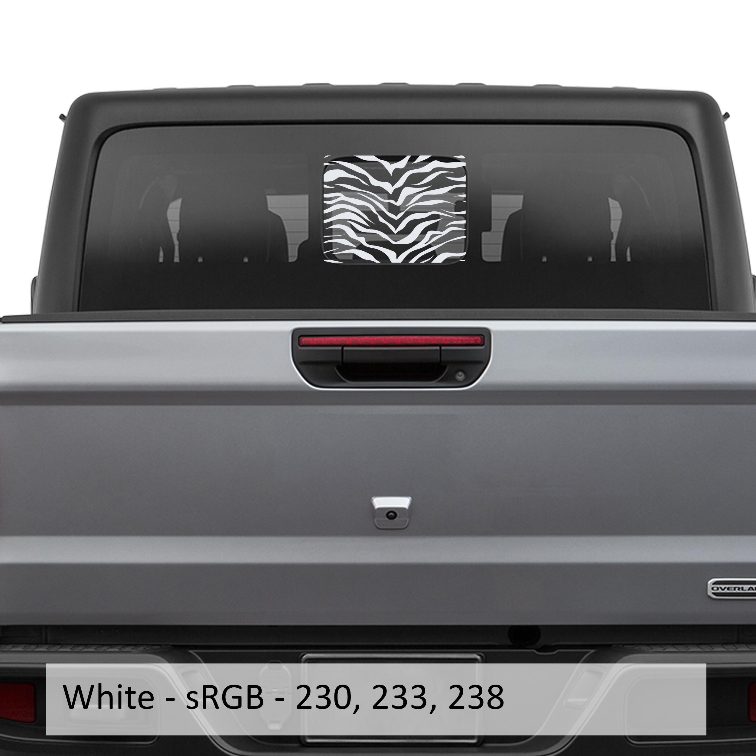 White tiger print flag rear sliding window vinyl decal close-up product view on white background