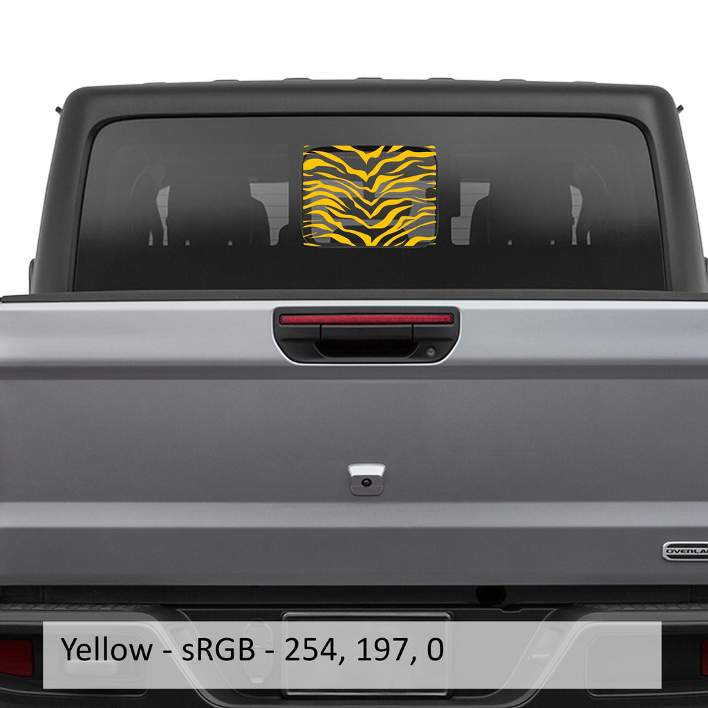 Yellow tiger print flag rear sliding window vinyl decal close-up product view on white background