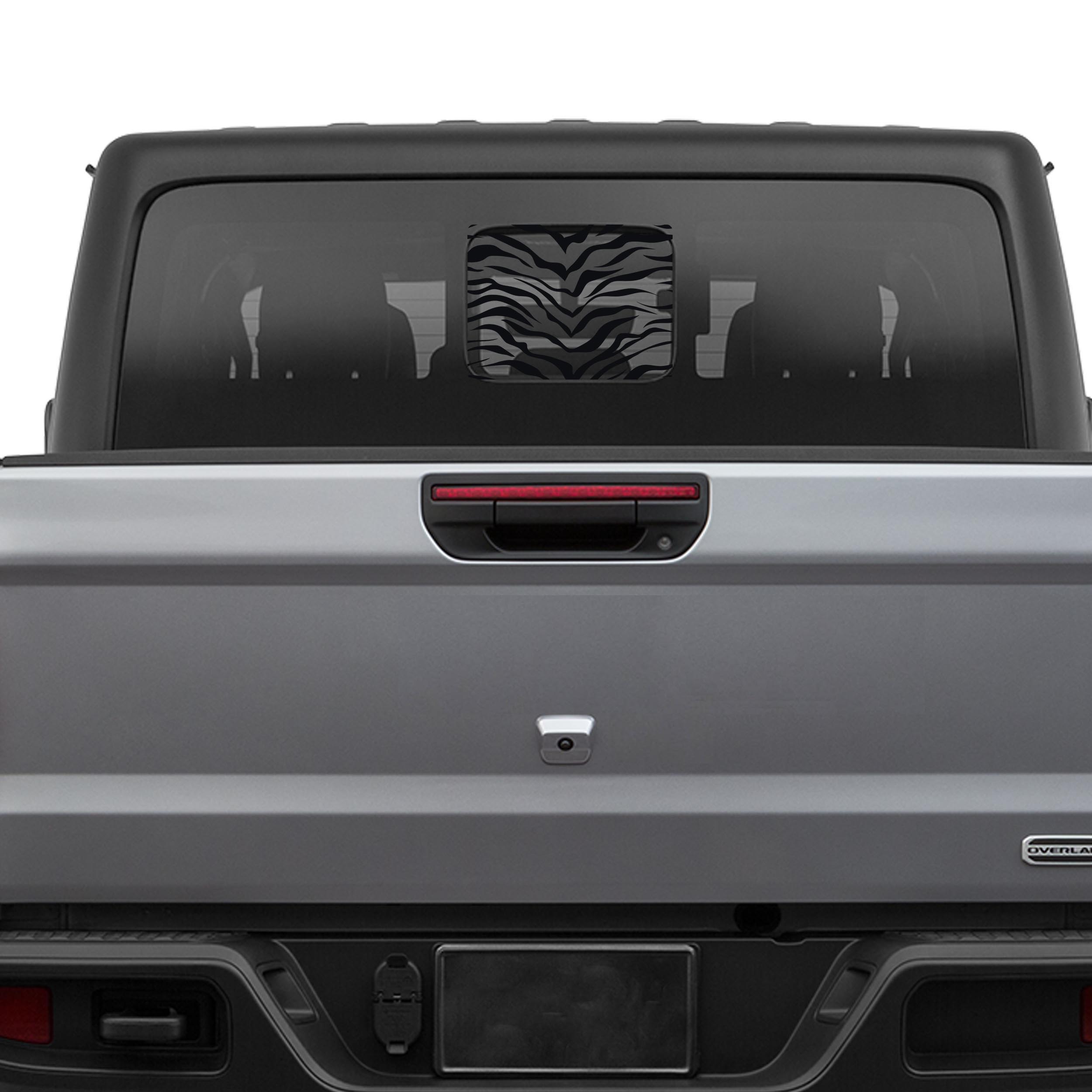 Black tiger print flag rear sliding window decal on silver Jeep Gladiator JT tailgate rear view