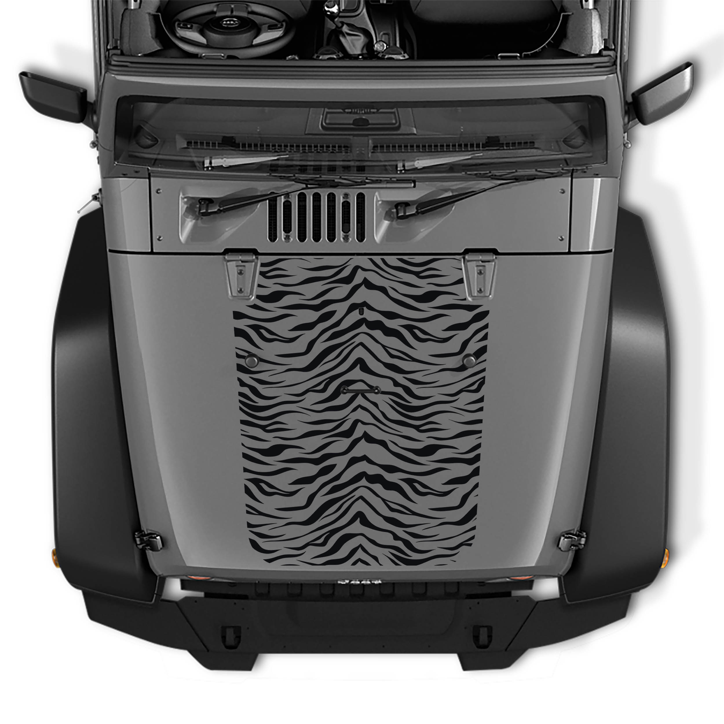 Black tiger print blackout hood decal on silver Jeep Wrangler JK/JKU 2007-2017 striped graphic