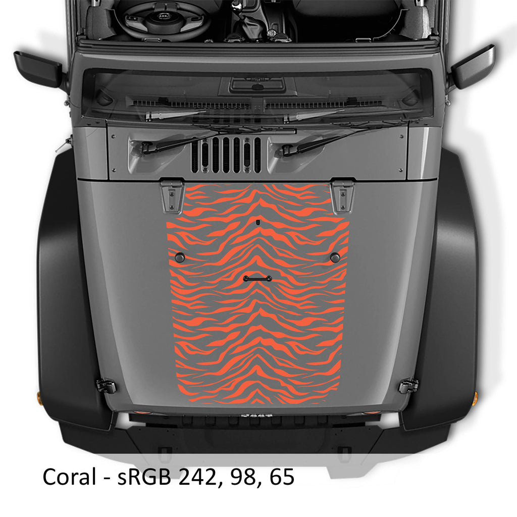 Coral tiger print blackout hood decal mounted on silver Jeep Wrangler JK/JKU 2007-2017 hood