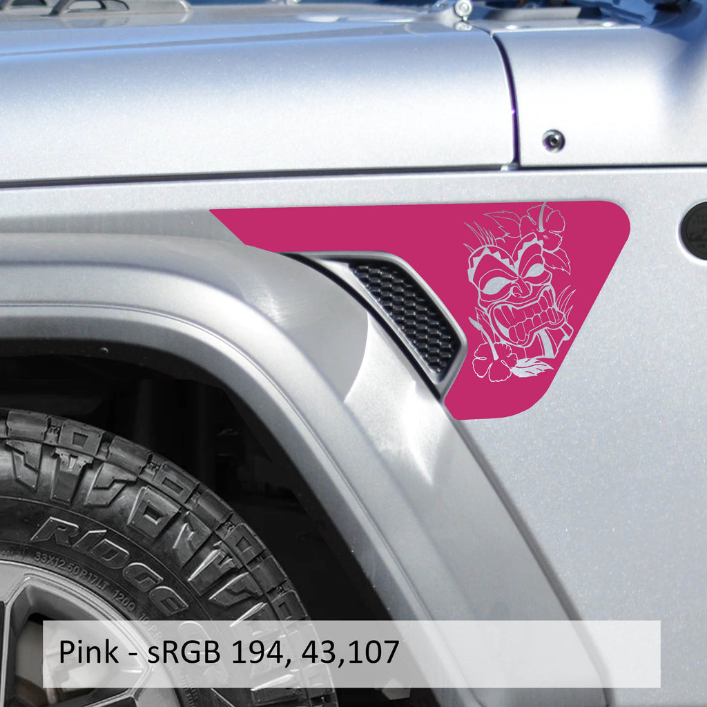 Pink Tiki Island Mask Jeep fender vent transfer decal applied to billet vent insert close-up view