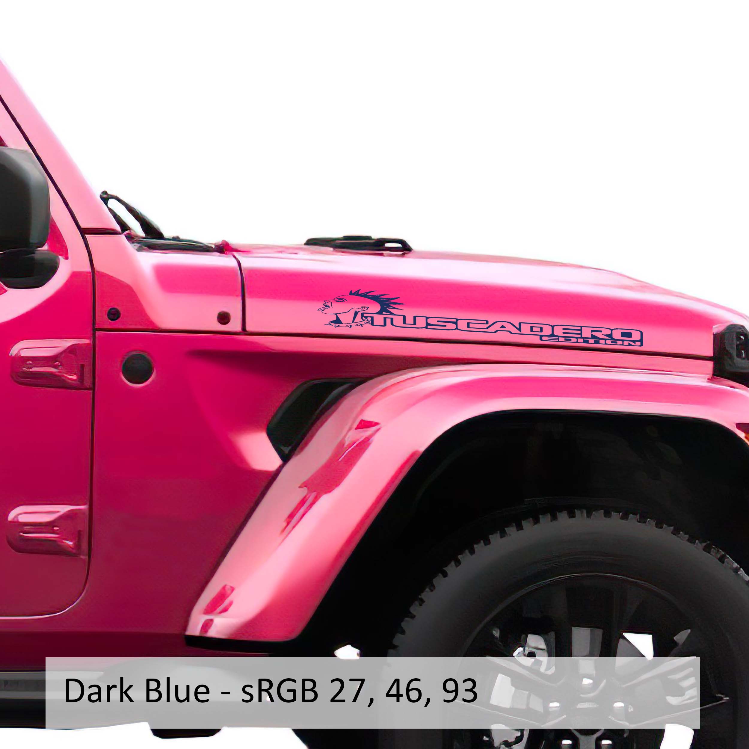 Dark blue Tuscadero Rocker Edition hood vinyl decal set pair with mohawk punk face graphic