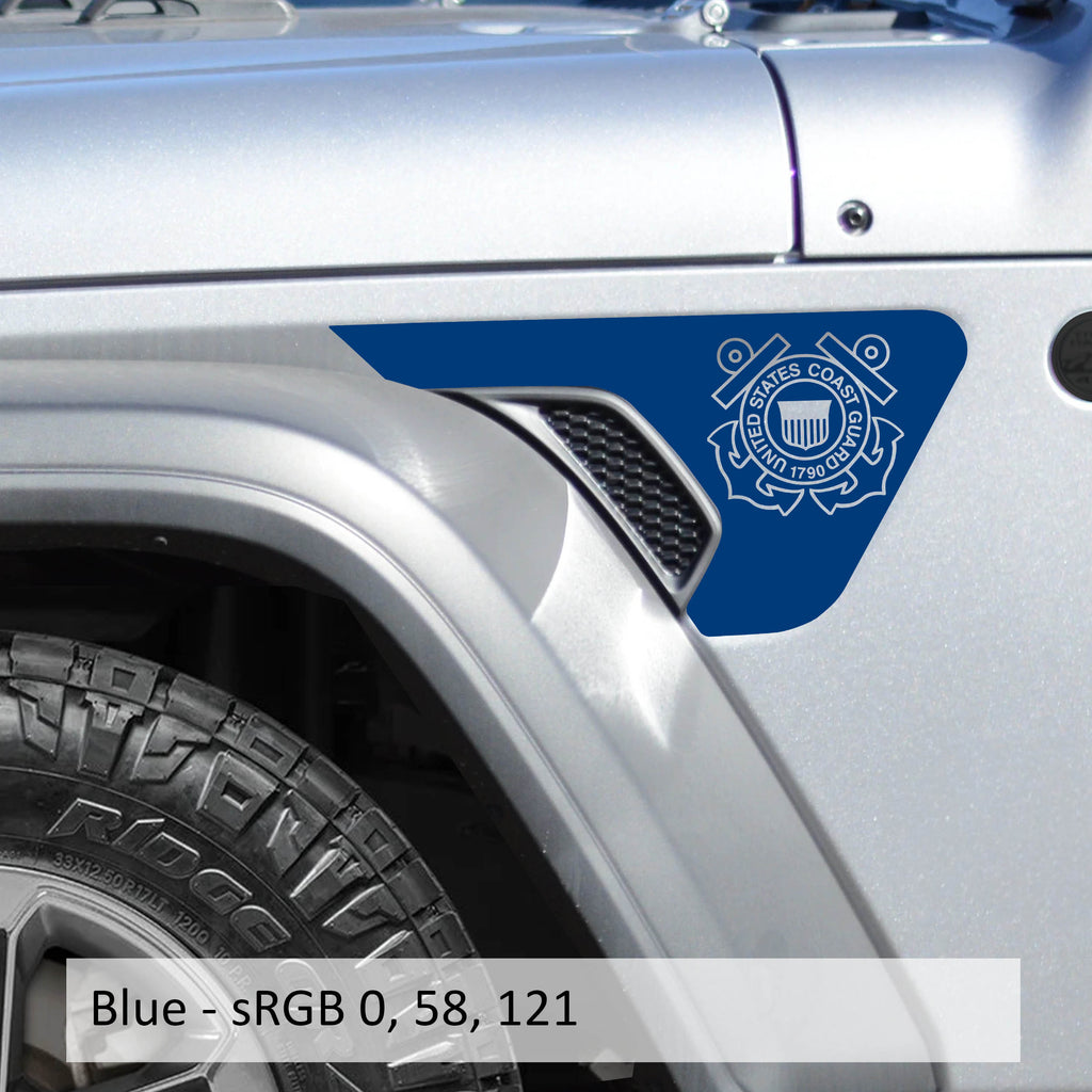 Blue US Coast Guard emblem vinyl decal applied to Jeep JL JT billet fender vent closeup