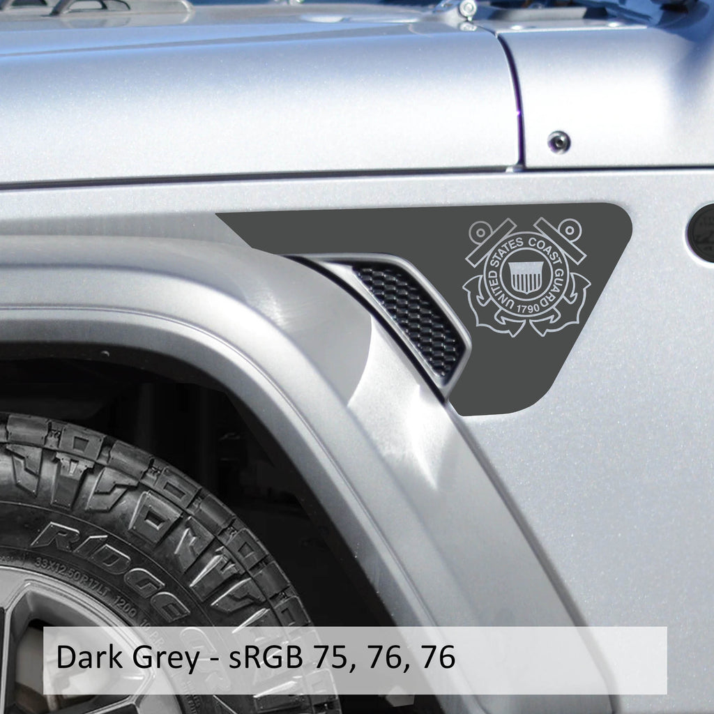 Dark gray US Coast Guard emblem vinyl decal applied to Jeep JL JT billet fender vent closeup