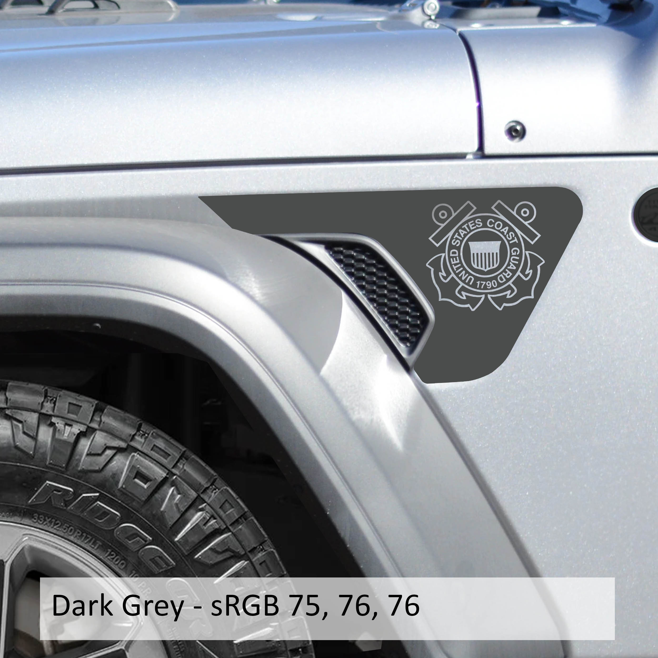 Dark gray US Coast Guard emblem vinyl decal applied to Jeep JL JT billet fender vent closeup