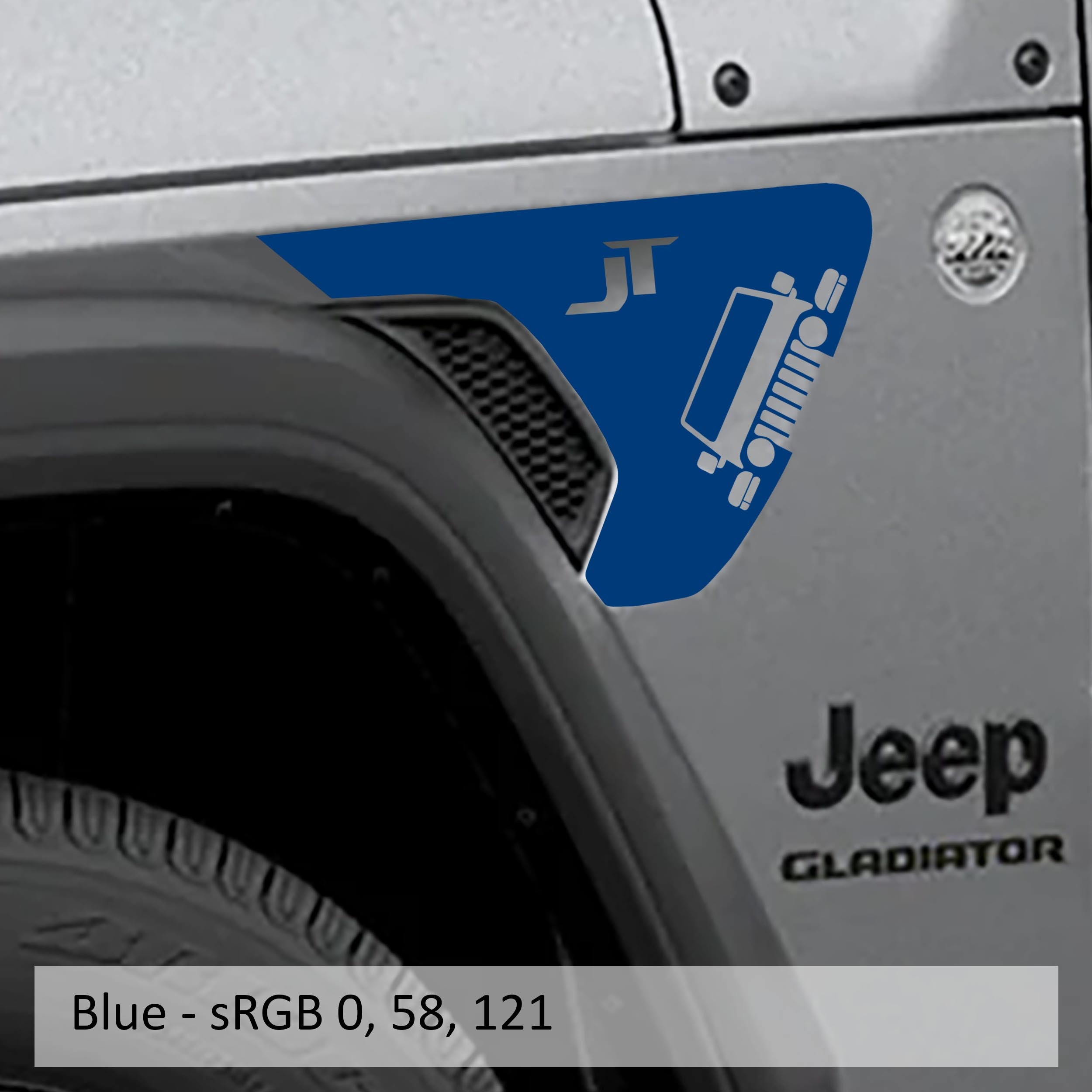Blue Gladiator JT lettering fender vent vinyl transfer decal swatch for JL and JT