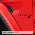 Black Max Water Level rubber duck waterline decal pair shown on red Wrangler fender