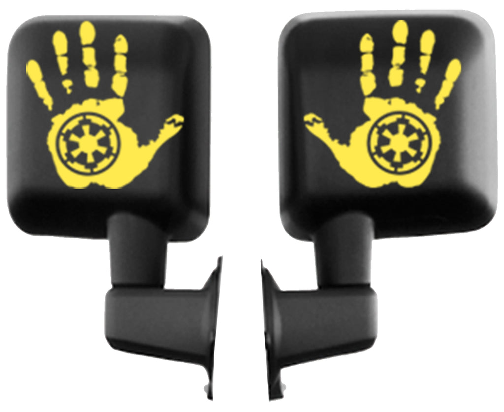 Mirrored pair of yellow Imperial Signet wave hand vinyl transfer decals shown on white background