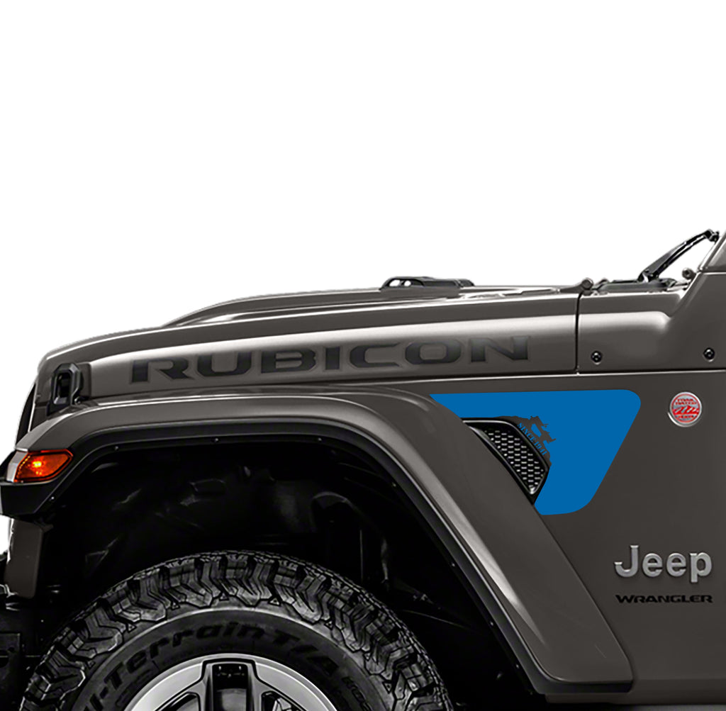 Azure blue Willys 1941 vinyl decal installed on Jeep Wrangler JL factory billet fender vent