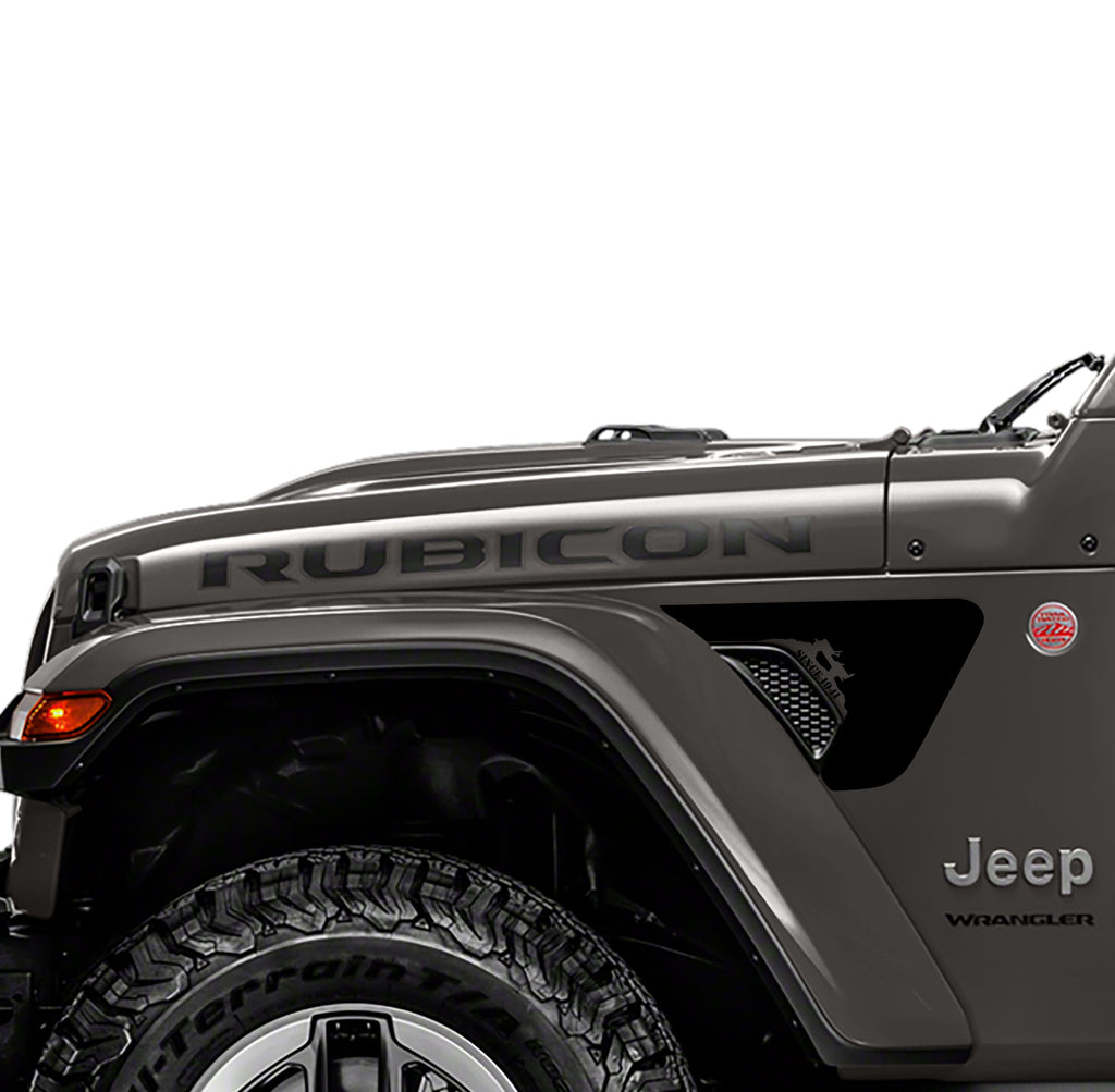 Black Willys 1941 decal applied to factory billet style fender vent on Jeep Wrangler JL