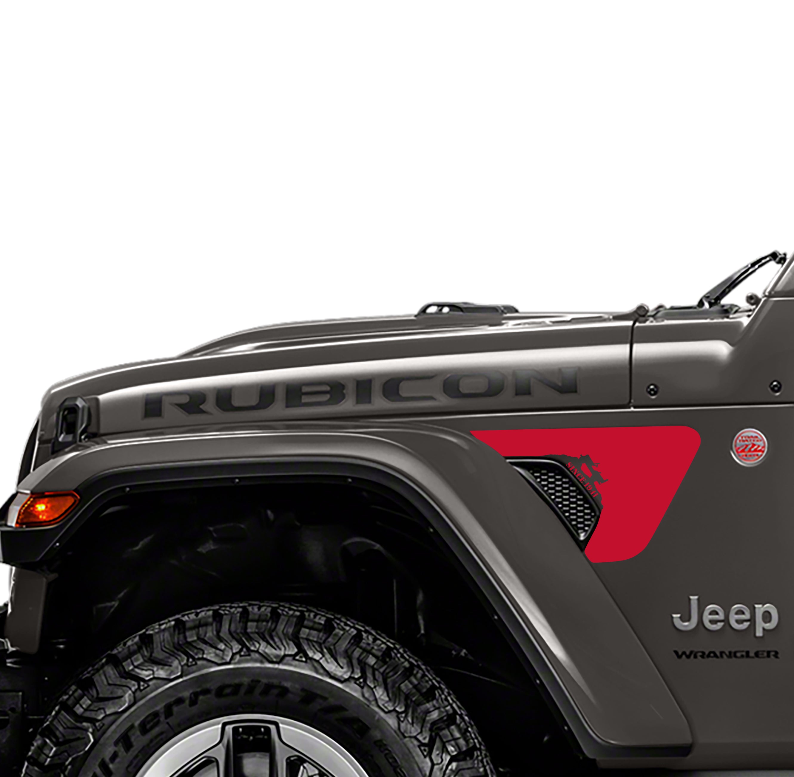 Red Willys 1941 vinyl decal applied to Jeep Wrangler JL factory billet fender vent